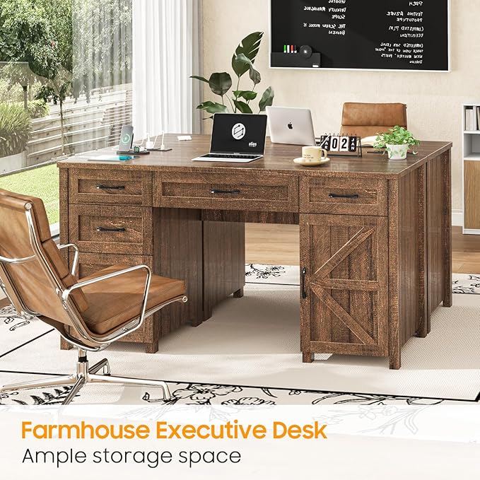 Vabches Farmhouse 61'' Executive Desk with 5 Drawers, Rustic Office Desk Computer Desk with Charging Station, File Drawers and Storage Cabinet, Wood Workstation for Study and Home Office, Red-Brown.