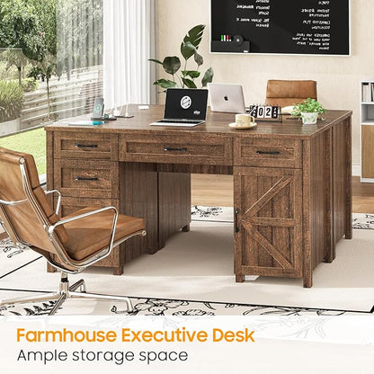 Vabches Farmhouse 61'' Executive Desk with 5 Drawers, Rustic Office Desk Computer Desk with Charging Station, File Drawers and Storage Cabinet, Wood Workstation for Study and Home Office, Red-Brown.