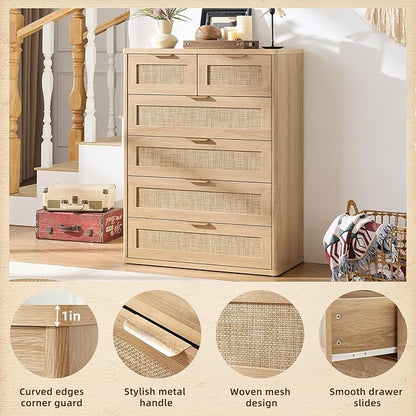 LEYAOYAO Rattan Dresser for Bedroom, 41" Tall Chest of Drawers, Modern 6 Drawers Boho Dressers with Storage, Light Oak Dresser Wooden Closet Organizer for Living Room, Hallway, Natural Wood
