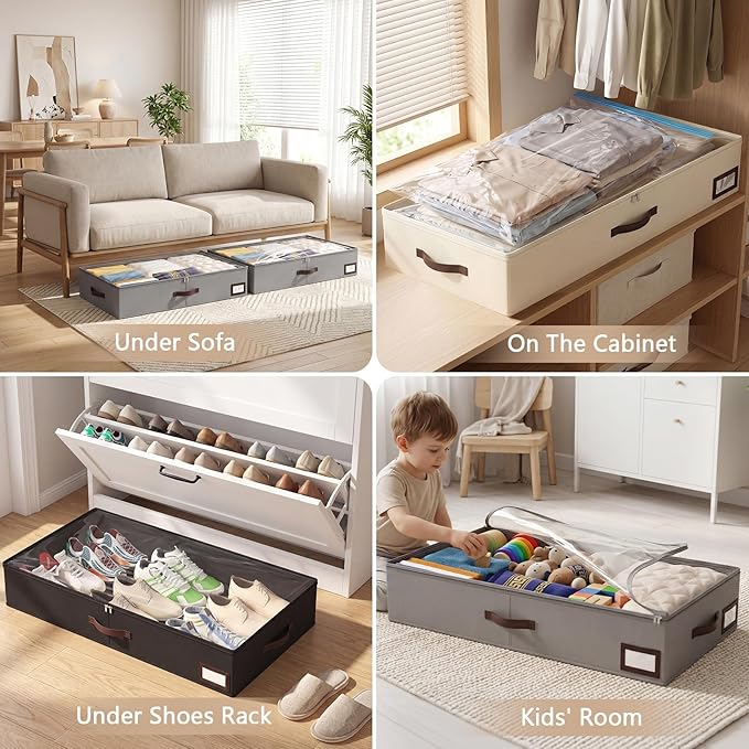 OIAHOMY 2 Pack Under Bed Storage with 4 Compression Bags, Underbed Organizers for Bedroom & Closet, Fits Beds Higher than 5.9", Space-Saving for Seasonal Clothes, Blankets & Shoes - Beige