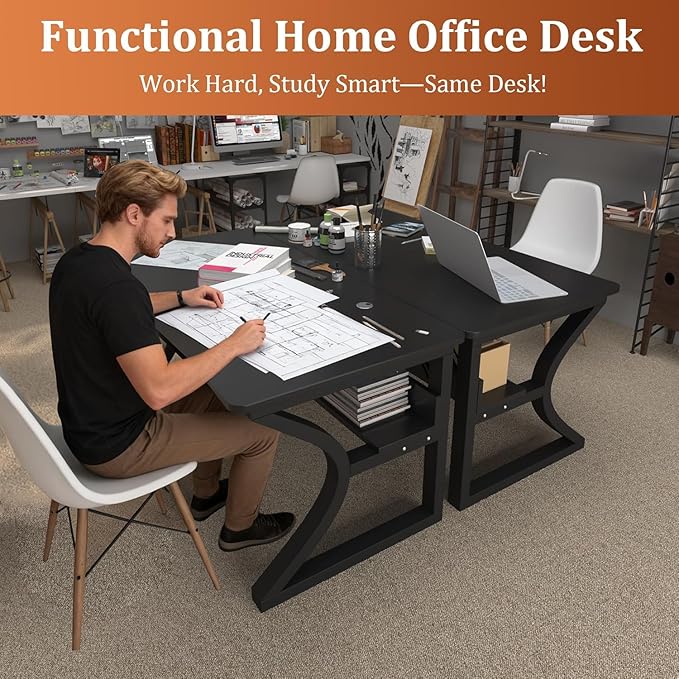 Computer Desk, 47'' Home Office Desks Computer Desk w/Storage Shelf, Study Writing Desk w/U Shaped Metal, Cable Management, Work Table w/Water-Resistant Deeper Thicker Desktop for Home Office