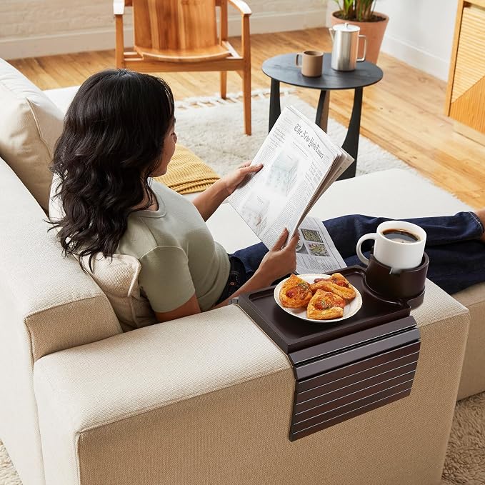 GHKINMAL Couch Cup Holder Tray, 3 in 1 Large Couch Arm Trays,Bamboo Chair Clip on Tray with 360° Ratated Phone Cup Holder for Couch,Snacks,Remote,Phone-Black Walnut