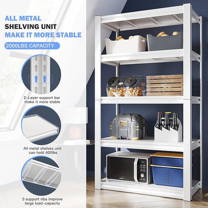 Raybee Garage Shelving, 72" H Storage Shelves, 2000LBS Metal Shelving Heavy Duty, White Shelves Metal Shelf for Closet Pantry Kitchen 72" H x 31.8" W x16.4 D