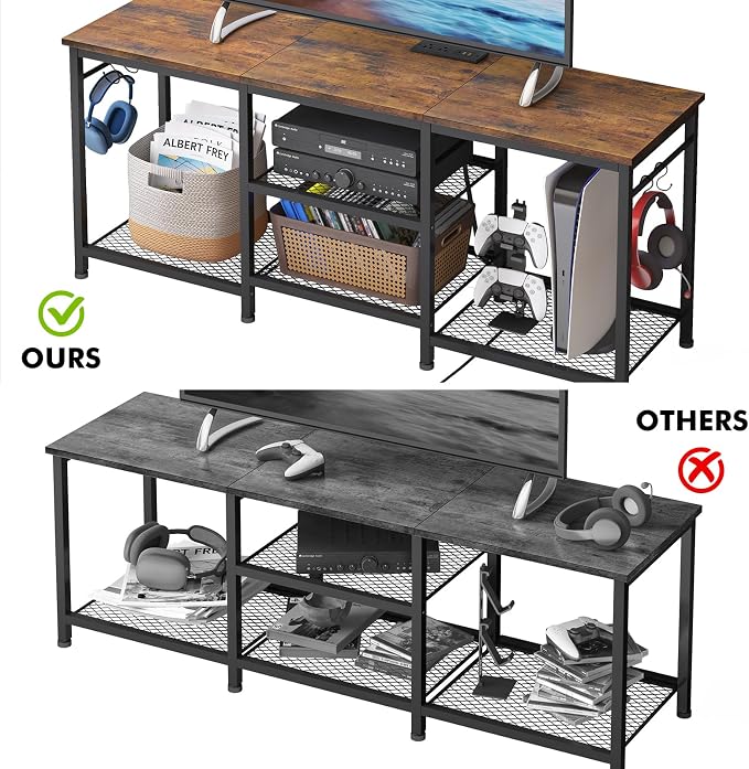 YGEOMER TV Stand for Up to 50 Inch Tvs, Entertainment Center with Outlet Led Lights Open Storage Shelves, TV Consoles for Living Room Bedroom, Rustic Brown