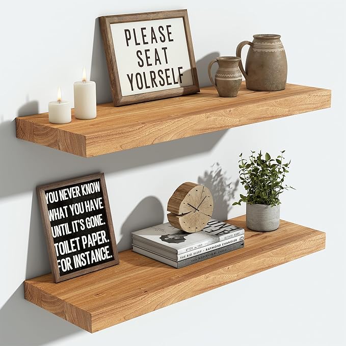 Vivelove Floating Shelves for Wall Solid Elm Wood, 24 Inches Long Rustic Wall Shelf with Invisible Bracket for Living Room Bedroom Bathroom Office Book, Farmhouse Wall Decor, Set of 2 - Natural