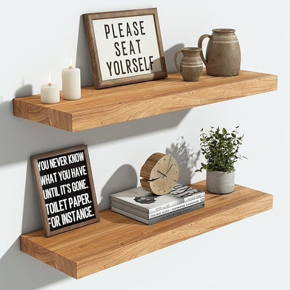 Vivelove Floating Shelves for Wall Solid Elm Wood, 24 Inches Long Rustic Wall Shelf with Invisible Bracket for Living Room Bedroom Bathroom Office Book, Farmhouse Wall Decor, Set of 2 - Natural