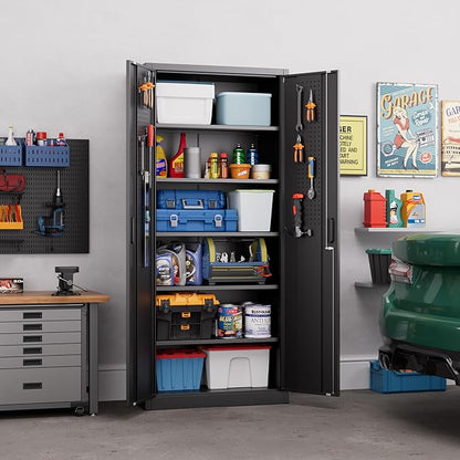 Aobabo 71" H×32" W×16" D Metal Storage Cabinet with 5 Adjustable Shelves, Locking Garage Storage Cabinet with Pegboards and 4 Hooks for Garage, Office, Black, Assembly Required