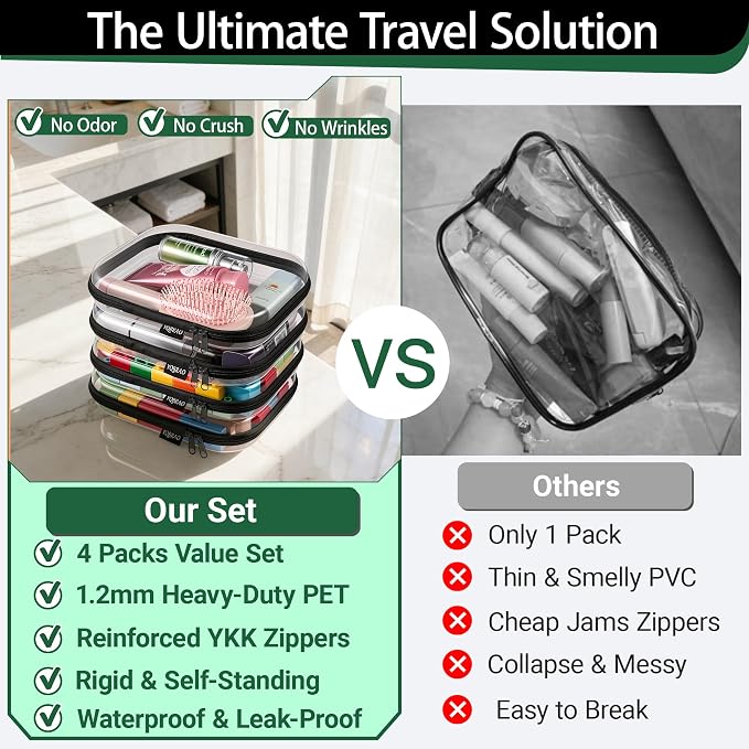 YQBRAO 4-Pack Clear Diaper Bag Organizer Pouches, 1.2mm Ultra-Thick PET Travel Pouches for Toiletries & Makeup, Rigid Self-Standing Bags with YKK Zippers, TSA Approved (Black)