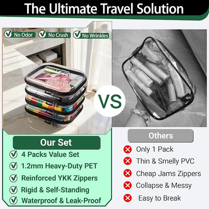 YQBRAO 4-Pack Clear Diaper Bag Organizer Pouches, 1.2mm Ultra-Thick PET Travel Pouches for Toiletries & Makeup, Rigid Self-Standing Bags with YKK Zippers, TSA Approved (Black)