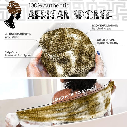 African Net Sponge Black and AntiGolden - 2 Pieces Authentic African Bath Sponges with Knots - Exfoliating Body Scrubber for Men - Back Scrub Exfoliator for Shower Bathroom Accessories