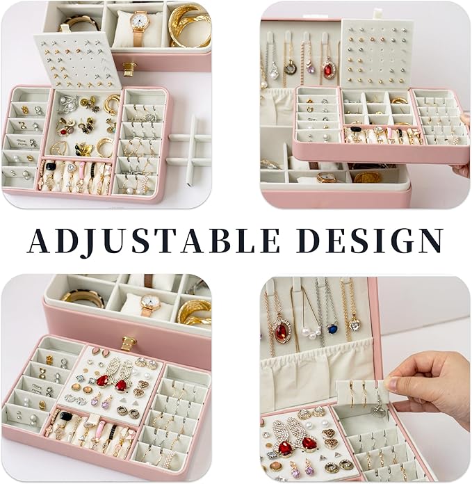 Earring Organizer for Women, 2 Layer Large Jewelry Box with Mirror, Handmade Gift Card and Wrapping Paper, PU Leather Jewellery Holder with Removable Tray for Birthday Wedding Gift,Pink