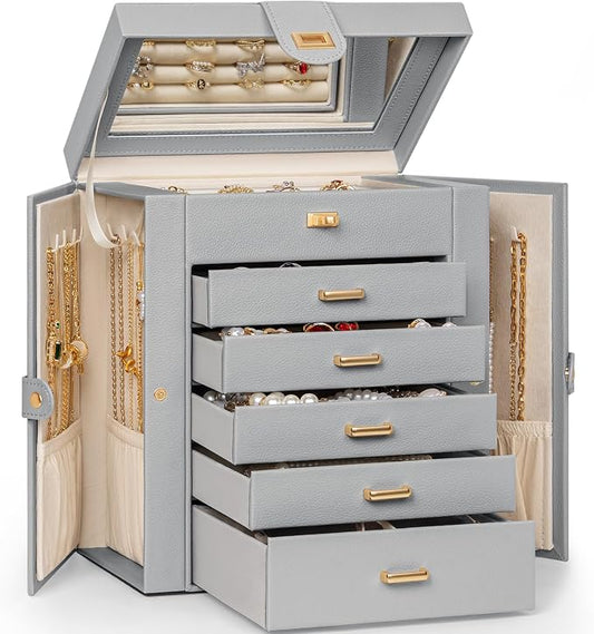 AKOZLIN 6-Tier Jewelry Box Organizer Functional 5 Drawers Leather Jewelry Storage Case for Women Girls Ring Necklace Earring Bracelet Holder Organizer with Mirror Medium Grey