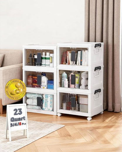 OlarHike 23QT Stackable Storage Bins with Lids - Folding Storage Box with Doors and Wheels, Collapsible Plastic Storage Drawers for Closets, 6 Pack Cubes