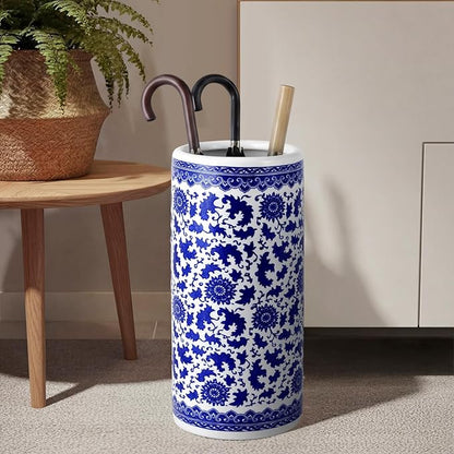 Sawysine Blue and White Ceramic Umbrella Stand, Floral Design Floor Vase for Entryway Indoor Decorative, 19.7" Heavy Porcelain Holder for Umbrellas Canes Home Decor(19.7 Inch,Lotus in Vine)