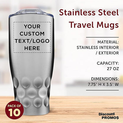 Custom Stainless Steel Tumblers by Molokini 27 oz. Set of 10, Personalized Bulk Pack - Double Wall, Perfect for Coffee, Soda, Other Hot & Cold Beverages - Silver