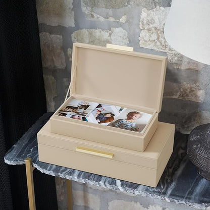 ZICOTO Decorative Storage Boxes with Lids – Set of 2 Beautiful PU Leather Organizer Bins for Your Bookshelf Home Decor - Safely Store Photos, Documents and Memory Box Keepsakes in Style