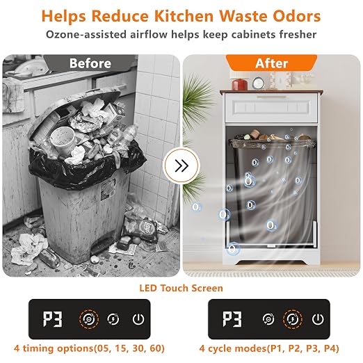 Single 10 Gallon Tilt Out Trash Can Cabinet with Deodorizing Function, Wooden Hidden Garbage Can Holder with Storage Drawers for Kitchen and Dining Room, Laundry Hamper Cabinet for Bathroom, White