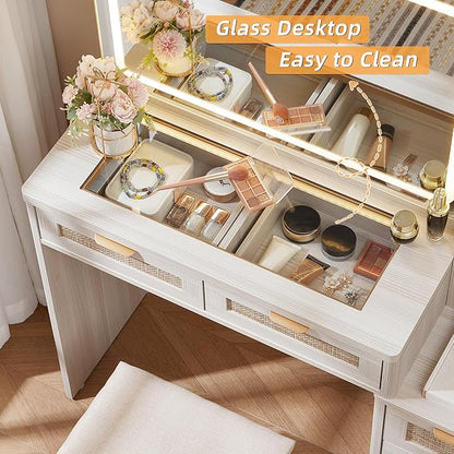 LEYAOYAO Rattan White Vanity Desk with Mirror and Lights, 43.5'' Boho Makeup Vanity with 6 Drawers and Adjustable Shelves, Make Up Vanity Dressing Table with Glass Top and Power Outlet for Bedroom