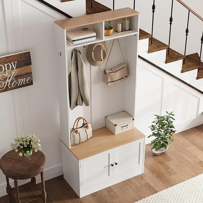 Entryway Hall Tree with Bench and Storage, 5-in-1 Farmhouse Coat Rack with 7 Hooks, Bench with Coat Rack with Storage Shelves for Hallway, Hallway, White