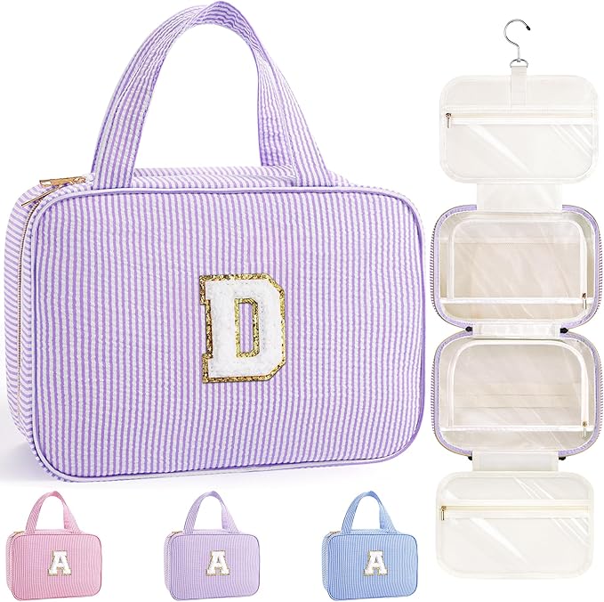 TOPEAST Travel Toiletry Bag for Women - Hanging Toiletry Bag, Large Capacity Personalized Travel Toiletry Bag and Makeup Bag, Travel Essentials Portable Toiletries Travel Bag - Letter D, Purple