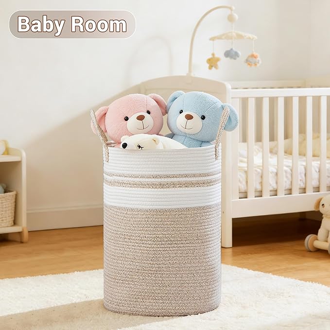 SunNewt Tall Laundry Basket with Handles, 72L Portable Dirty Clothes Hamper, Boho Cotton Rope Storage Bin for Blankets Kids Toys Gifts, Large Organizer for Baby Nursery Bedroom Bathroom, New Brown