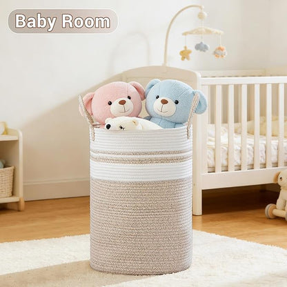 SunNewt Tall Laundry Basket with Handles, 72L Portable Dirty Clothes Hamper, Boho Cotton Rope Storage Bin for Blankets Kids Toys Gifts, Large Organizer for Baby Nursery Bedroom Bathroom, New Brown
