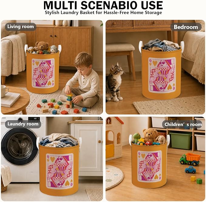 Trendy Pink and Orange Poker Laundry Basket, Preppy Queen of Hearts Playing Card Laundry Hamper Waterproof Collapsible Clothes Toys Storage Bin Organizer for Bedroom Bathroom Home