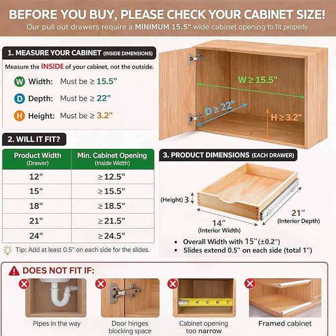 Sintuff 1 Pack Wooden Pull out Tray Cabinet Organizer Gentle Close Roll out Shelves for Kitchen Cabinets Fully Assembled Slide Pantry Shelves (15'' X 21'')