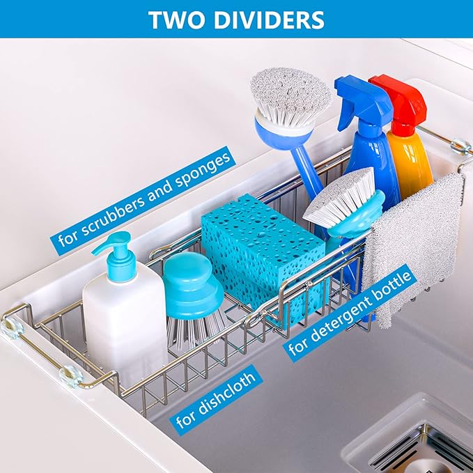 FavoThings Over The Kitchen Sink Caddy Sponge Holder Organizer Drying Rack Expandable for Sponge Brush Soap Dish Cloth Rag Smaller 12.25" to 17.25", Stainless Steel