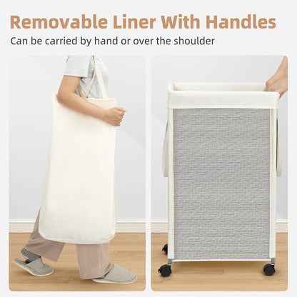 STORAGE MANIAC Laundry Hamper with Wheels, 90L (23.7 Gal) Large Tall Rolling Laundry Basket with Removable and Washable Liner Bag, Aesthetic Dirty Clothes Hamper for College, Dorm, Off-white