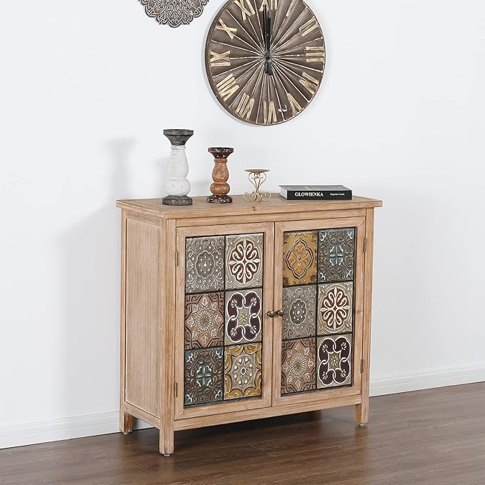 Sophia & William Accent Cabinet with 2 Doors, Distressed Storage Cabinet with Wood Frame and Checkered Patterns for Entryway Living Room
