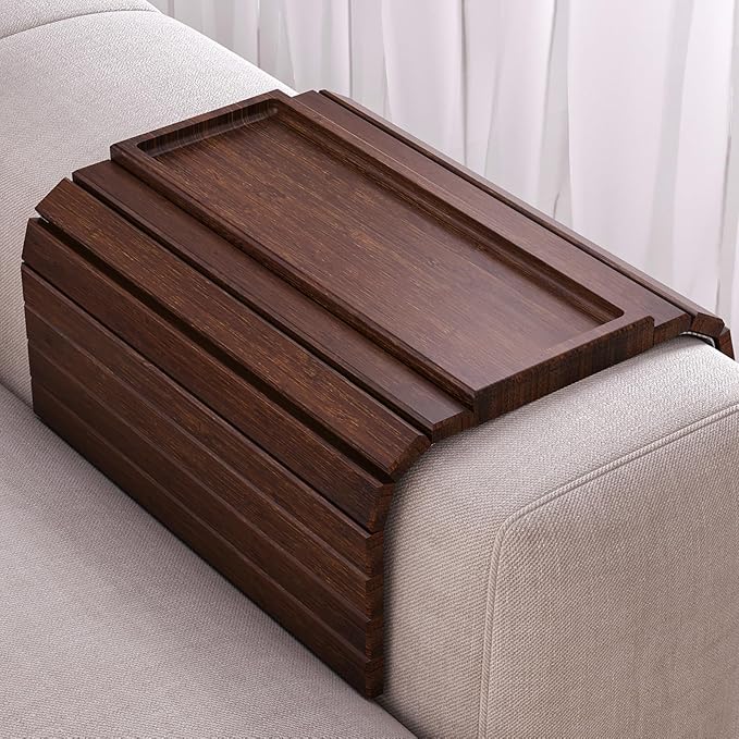 Sofa Arm Tray,Bamboo Folding Couch Arm Tray,Sofa Armrest Tray with Anti-Slip Pad for Drinks,Snacks,Phone,Remote Control（Brown）