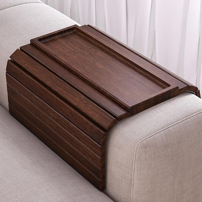 Sofa Arm Tray,Bamboo Folding Couch Arm Tray,Sofa Armrest Tray with Anti-Slip Pad for Drinks,Snacks,Phone,Remote Control（Brown）