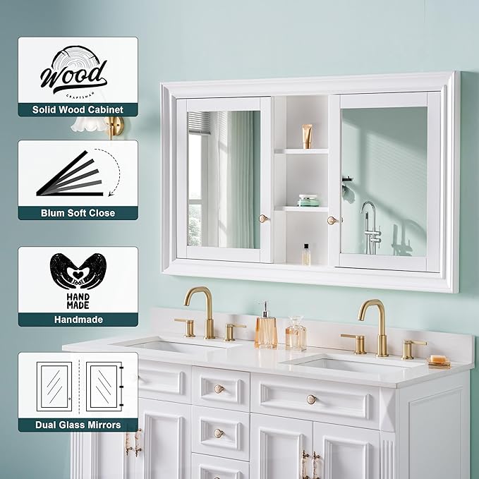 WELLFOR 55"x 32" Bathroom Medicine Cabinet with Dual Mirrors, Recessed Wood Medicine Cabinet with Built-in 6-Tier Adjustable Glass Shelves and 2 Soft-Close Doors, Recessed Mount Only