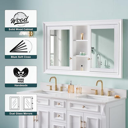 WELLFOR 55"x 32" Bathroom Medicine Cabinet with Dual Mirrors, Recessed Wood Medicine Cabinet with Built-in 6-Tier Adjustable Glass Shelves and 2 Soft-Close Doors, Recessed Mount Only