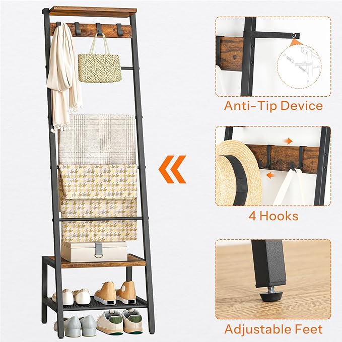HOOBRO Blanket Ladder, 7-Tier Giraffe Shape Towel Rack for Living Room and Bedroom, 63.4" H Decorative Ladder Shelf with Hooks, Metal Frame, Industrial Style, Rustic Brown and Black BF13CJ01