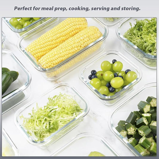 AILTEC 12 Pack Glass Food Storage Containers with Lids, Glass Meal Prep Containers Set with Leak Proof Lids, Airtight Lunch Container for Kitchen, Microwave, Oven, Freezer, Dishwasher Safe, Bpa free