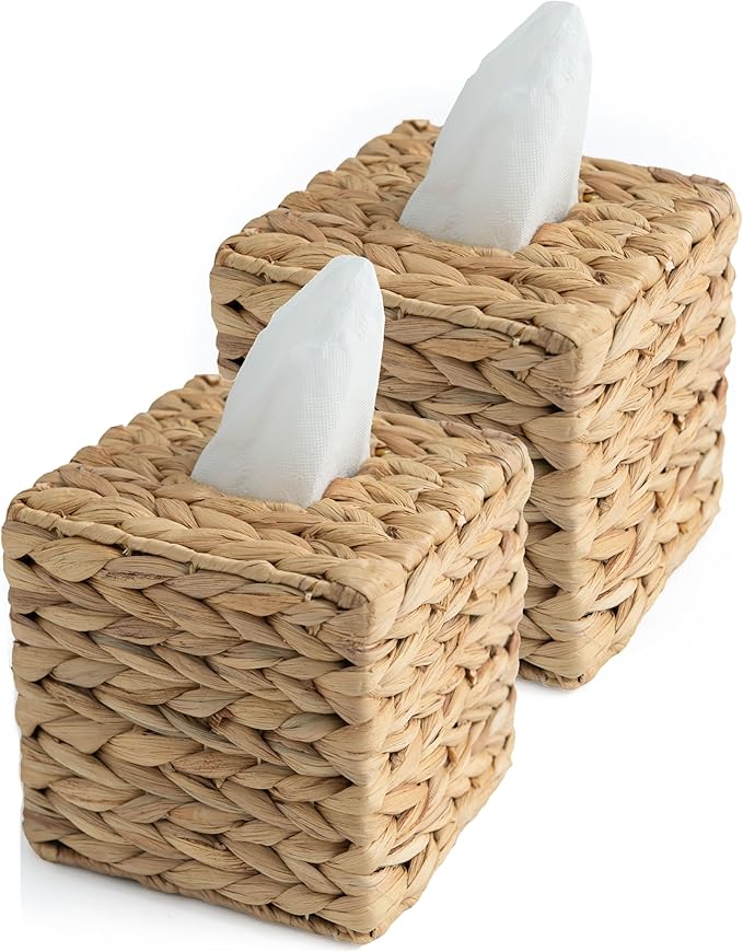 KOLWOVEN Square Tissue Box Cover- 5.7" x 5.7" x 5"- Decorative Woven Facial Tissue Holder with Hinged Top Lid- Facial Box for Home, Office,Bathrooms, Decoration (Square- Set 2)