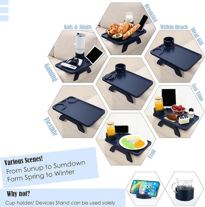 Nnewvante Couch Arm Tray,3 in 1 Large 15.36"x9.85" Bamboo Couch Table Armrest Sofa Arm Clip on Tray Table with 360°Rotated Phone/Cup Holder,Navy Blue