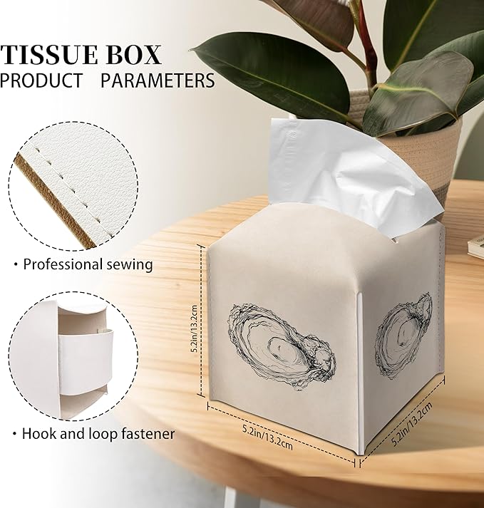 Grace Yonks Minimal Tissue Box Cover Square - Oyster Line Art Design 5.2" PU Leather Holder for Vanity, Desk, or Bathroom Counter - Cube Case for Facial Tissues. (112)