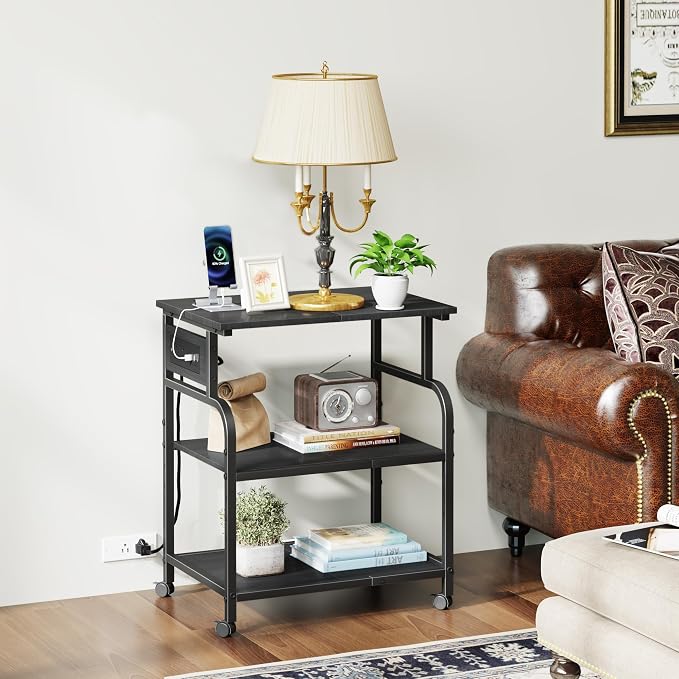 YAOHUOO 3 Tier Large Printer Stand with Power Outlet/Adjustable Shelf | 22"x15" Large Top,Fit 2-3 printers,Rolling Cart with Wheels,Table for Home Office,Fit 3D Printer/Heat Press/Laser,Black