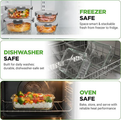 NutriChef 24pcs Glass Food Storage Containers, (12 Stackable Heavy Duty Meal Prep Containers w/ 12 Airtight Lids), Microwave, Freezer, & Dishwasher Safe for Food, Snacks, Fruit & More, (Gray)