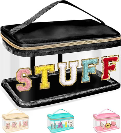 Chenille Letter Clear Makeup Bags Stuff Pouch, Preppy Patch Makeup Bag Zipper with Handle, Transparent PVC & Nylon Waterproof Glitter Cosmetic Handbag Travel Toiletry Storage for Women(STUFF-Black)