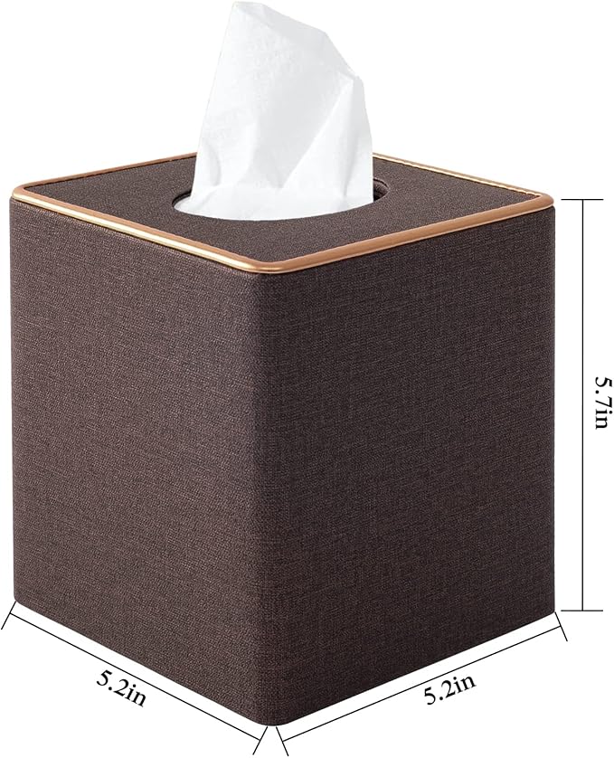 Linen Square Tissue Box Cover,Cube Tissue Box Holder－Excellent Rosegold Leather Decoration,Table Napkin Case Dispenser,Facial Tissues Organizer with Magnetic Bottom for Home Office Car(Coffee)