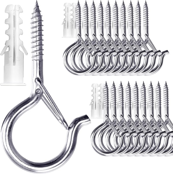 PlusRoc 20 Pack Screw Hooks for Hanging Christmas Lights Outdoor Seasonal Lighting, Heavy Duty 2.2 Inch Eye Hook Screw Cup Ceiling Hook Q-Hanger for Patio Lights, Wall Wood Ceiling Deck Mount(Silver)