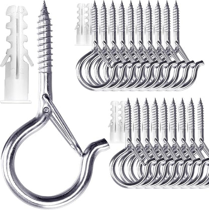 PlusRoc 20 Pack Screw Hooks for Hanging Christmas Lights Outdoor Seasonal Lighting, Heavy Duty 2.2 Inch Eye Hook Screw Cup Ceiling Hook Q-Hanger for Patio Lights, Wall Wood Ceiling Deck Mount(Silver)