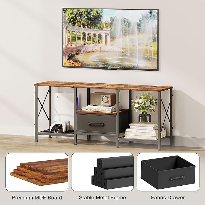 JARHETUN TV Stand with Fabric Drawer, Entertainment Center for 50 55 Inch TV, Industrial TV Console Table with Open Storage Shelves for Living Room, Bedroom, Rustic Brown