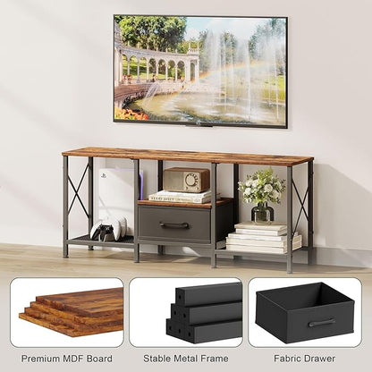 JARHETUN TV Stand with Fabric Drawer, Entertainment Center for 50 55 Inch TV, Industrial TV Console Table with Open Storage Shelves for Living Room, Bedroom, Rustic Brown