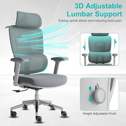 Ergonomic Office Chair with Lumbar Support,Headrest, and6D Armrests - Mesh Computer Chair with Coat Hook-500 lbsWeight Capacity - Extra-Wide Seat- High-Back Office Chair, Blue