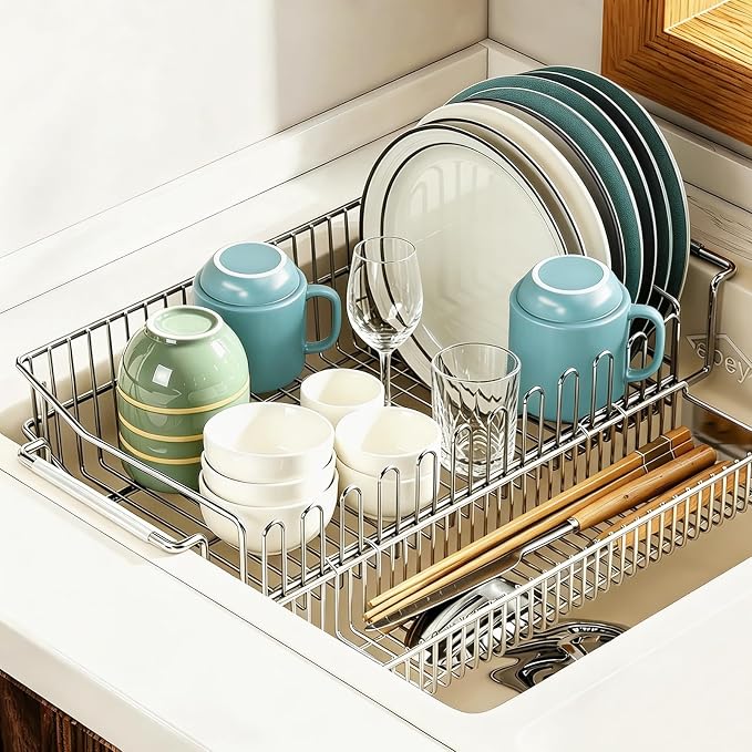 Dish Drying Rack in Sink, Extendable 304 Stainless Steel Dish Drainer for Kitchen Counter, Over The Sink with Utensil Holder, Corrosion Resistant Space Saving Drainage Basket